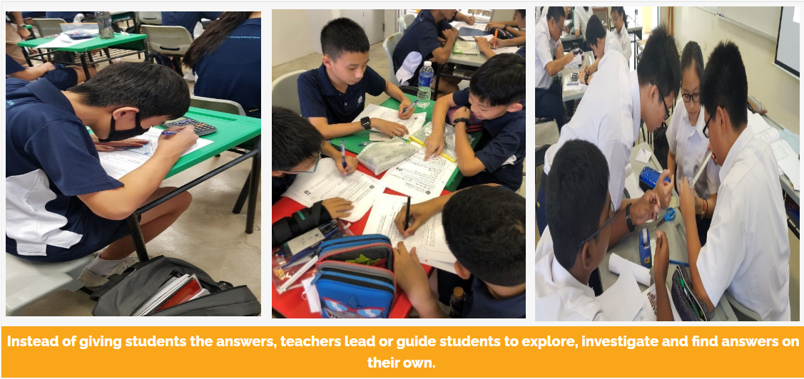 Three classroom scenes showing students in uniforms working individually and in groups on written assignments at desks.